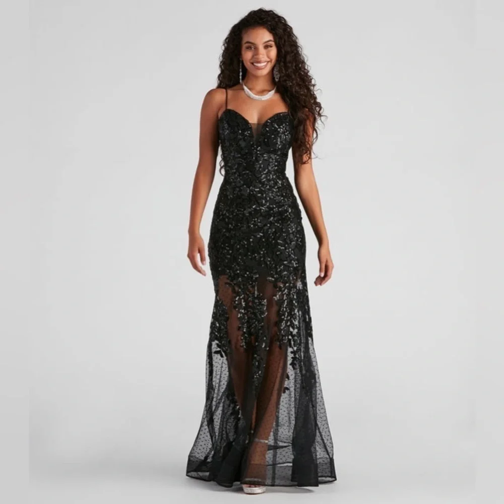 Windsor Livia Sequin Mesh Mermaid Dress Black Junior Size 5/6 - Picture 3 of 15